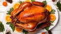 Overhead Shot of a roasted Turkey on a white Plate. Kitchen Backdrop for Thanksgiving and Christmas
