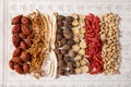 Overhead shot of rows of dried Chinese herbal medicine