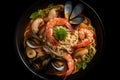 Overhead shot seafood meal noodles. Generate Ai