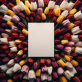 A blank paper placed on a bed of mixed tulips. floral background, Mockup, colorful background Royalty Free Stock Photo