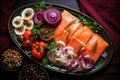 overhead shot of a smoked salmon platter with capers and onions Royalty Free Stock Photo