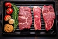 overhead shot of steaks on cast-iron griddle