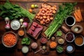overhead shot of stew ingredients on a wooden table