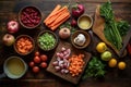 overhead shot of stew ingredients on a wooden table