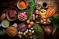 overhead shot of stew ingredients on a wooden table