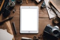 Vintage Workspace Flat Lay with Tablet and Camera Royalty Free Stock Photo