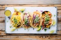 overhead shot of a taco trio with different breakfast fillings Royalty Free Stock Photo