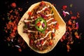 overhead shot of a taco with a whole chili pepper sticking out