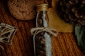 Overhead shot of tasty cookies and coffee beans in an autumn decoration set Royalty Free Stock Photo