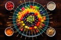 overhead shot of toothpicks and a plate of colorful fruit skewers Royalty Free Stock Photo