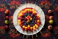 overhead shot of toothpicks and a plate of colorful fruit skewers Royalty Free Stock Photo