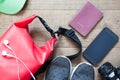 Overhead shot of travel items and accessories with mobile device Royalty Free Stock Photo