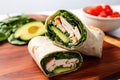 an overhead shot of a turkey and avocado wrap