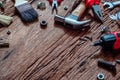 Overhead shot of variety handy construction tools  on grunge rusty wood background with copy space for your text for Worker`s day Royalty Free Stock Photo