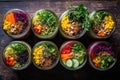 overhead shot of vegan meal prep salads in mason jars