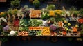 overhead shot of a vibrant farmer\'s market, showcasing an array of fresh fruits, vegetables, and flowers by AI generated Royalty Free Stock Photo