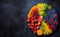 Overhead shot of a vibrant fruit platter arranged in a rainbow pattern. Background