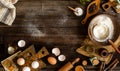 Overhead shot of vintage kitchen utensils and ingredients for cooking or baking