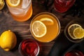 overhead shot of a whiskey sour surrounded by ingredients lemon, sugar, whiskey Royalty Free Stock Photo