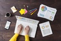 Overhead shot of woman working on laptop Royalty Free Stock Photo