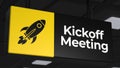 Overhead sign with rocket icon for kickoff meeting 3d illustration. Strategic launch of project