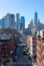 Two Bridges Overhead Street Scene with a view of the Lower Manhattan Skyline in New York City Royalty Free Stock Photo