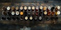 An overhead top-down view of a collection of different beer ales and lagers Royalty Free Stock Photo