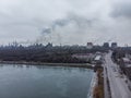 overhead top view of the air pollution by the factory