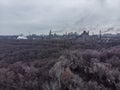 overhead top view of the air pollution by the factory