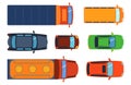 Overhead top view on colorful car toys different pickup automobile transport and collection wheel transportation design