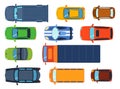 Overhead top view on colorful car toys different pickup automobile transport and collection wheel transportation design