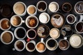 Overhead top view of lots of different cups of coffee. Generative ai