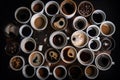Overhead top view of lots of different cups of coffee. Generative ai