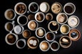 Overhead top view of lots of different cups of coffee. Generative ai