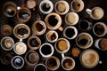 Overhead top view of lots of different cups of coffee. Generative ai