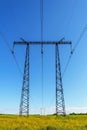 Overhead transmission line of electrical energy on steel supports. Power lines Royalty Free Stock Photo