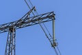 Overhead transmission line of electrical energy on steel supports. The upper fragment of the power transmission line.