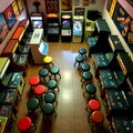 An overhead view of an arcade room with various stools clustered around different types of vintage machines creating a cozy space