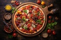 overhead view of artisan pizza on rustic board