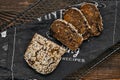 Overhead view of artisan rye bread with dried apricots, prunes and seeds Royalty Free Stock Photo