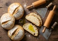 Artisan breads on wooden table Royalty Free Stock Photo