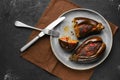 Overhead view of aubergine filled with meat baked in oven Royalty Free Stock Photo