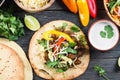 Overhead view on authentic mexican street taco with beef and veg Royalty Free Stock Photo