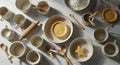 Overhead View of Baking Ingredients and Tools Arranged on Marble Surface Royalty Free Stock Photo