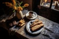 overhead view of biscotti and coffee on rustic table