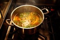 overhead view of boiling pot of soup on stove Royalty Free Stock Photo
