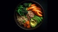 overhead view, Bowl Buddha. Buckwheat, pumpkin, chicken fillet, avocado, carrots. black background
