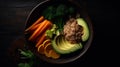 overhead view, Bowl Buddha. Buckwheat, pumpkin, chicken fillet, avocado, carrots. black background