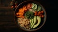 overhead view, Bowl Buddha. Buckwheat, pumpkin, chicken fillet, avocado, carrots. black background