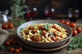 Overhead view of a bowl of farfalle pasta with roasted tomatoes and coriander Royalty Free Stock Photo